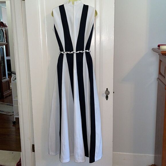 Vtg 70s black & white polyester high neck maxi dress/original woven belt - Picture 5 of 8